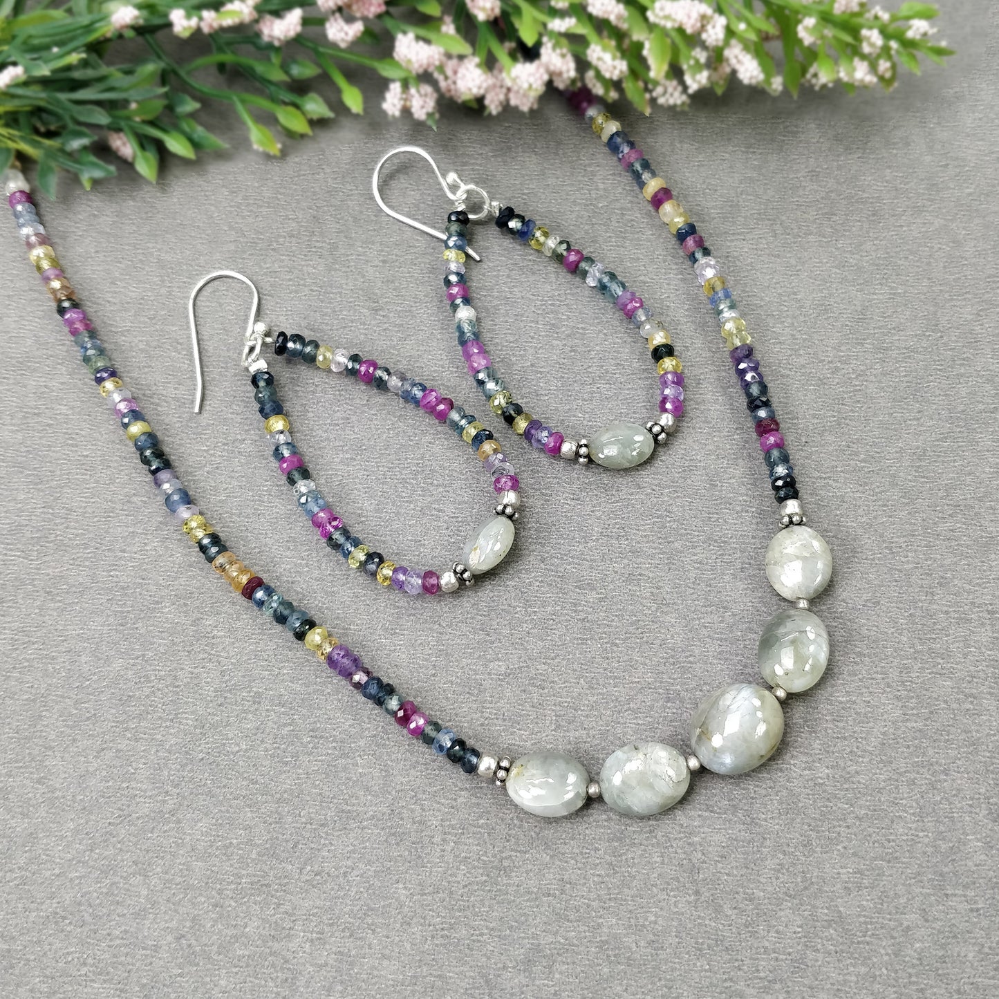 Multi SAPPHIRE & Chrysoberyl CAT'S EYE Gemstones Jewelry : Natural Untreated Sapphire 16" Beaded Necklace Earring Jewelry Set