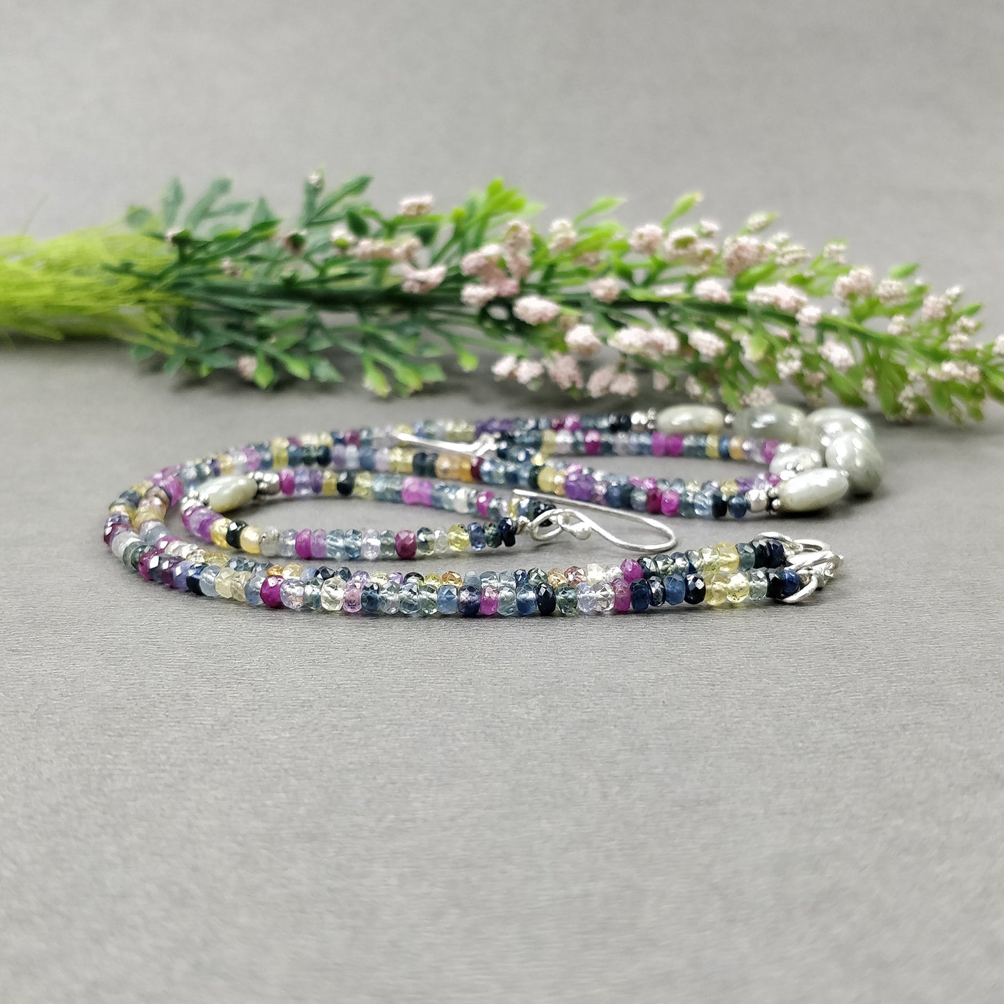 Multi SAPPHIRE & Chrysoberyl CAT'S EYE Gemstones Jewelry : Natural Untreated Sapphire 16" Beaded Necklace Earring Jewelry Set