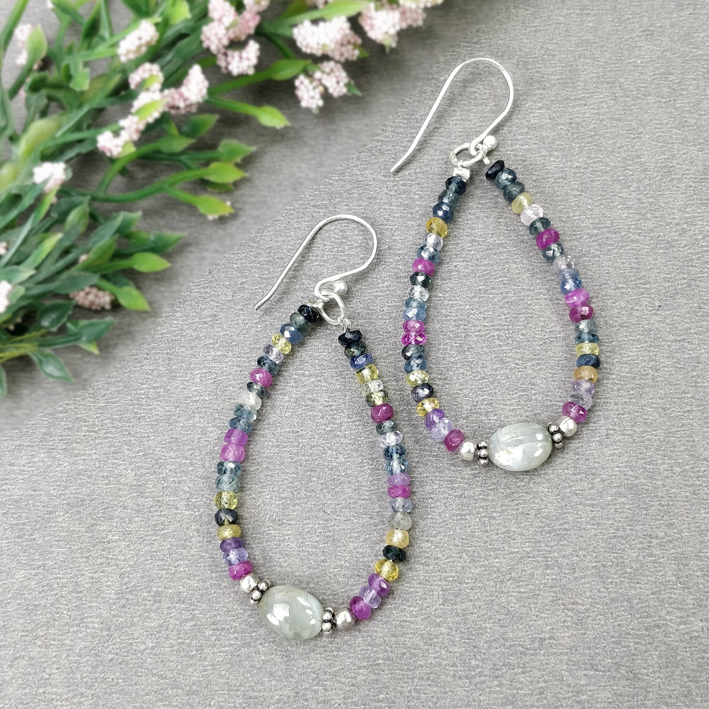 Multi SAPPHIRE & Chrysoberyl CAT'S EYE Gemstones Jewelry : Natural Untreated Sapphire 16" Beaded Necklace Earring Jewelry Set