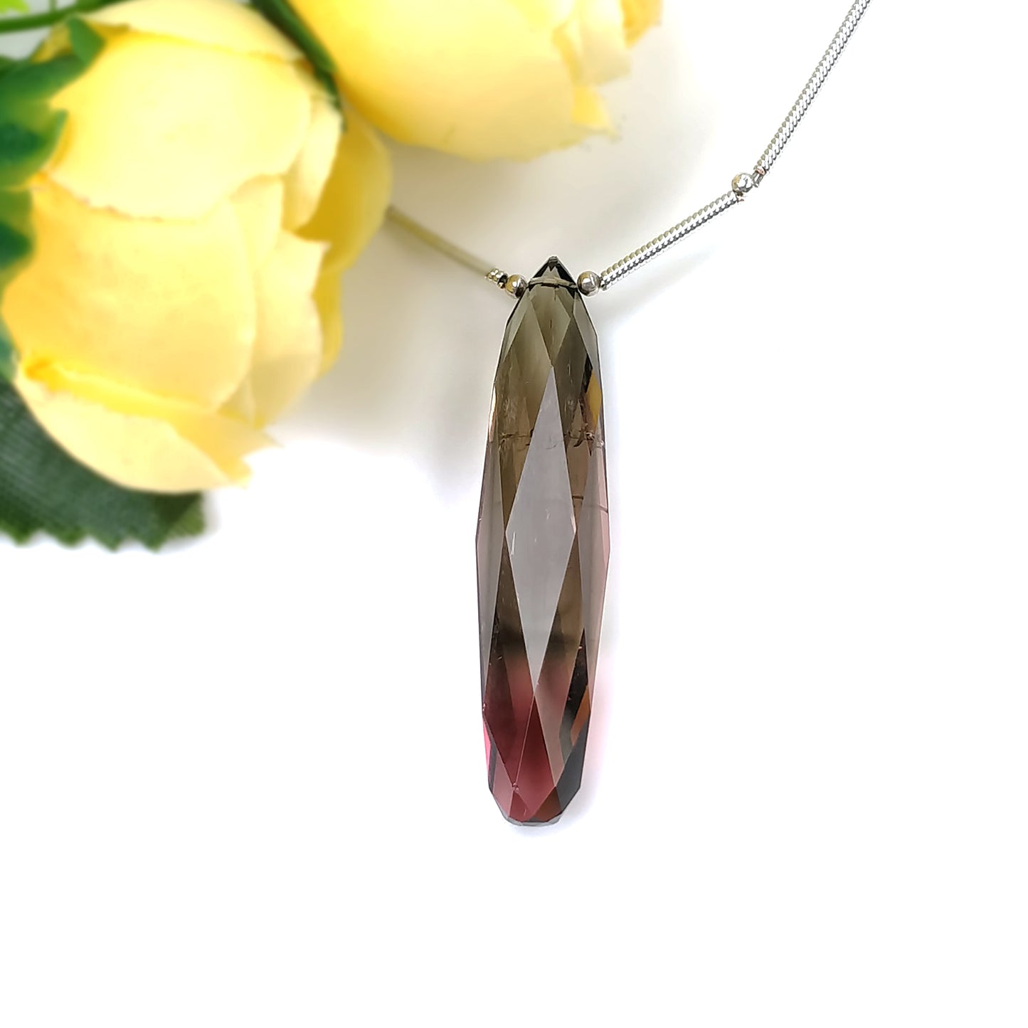 Watermelon TOURMALINE Gemstone Loose Beads : 26.70cts Natural Untreated Bi-Color Tourmaline Faceted Checker Cut Drop 40.5mm