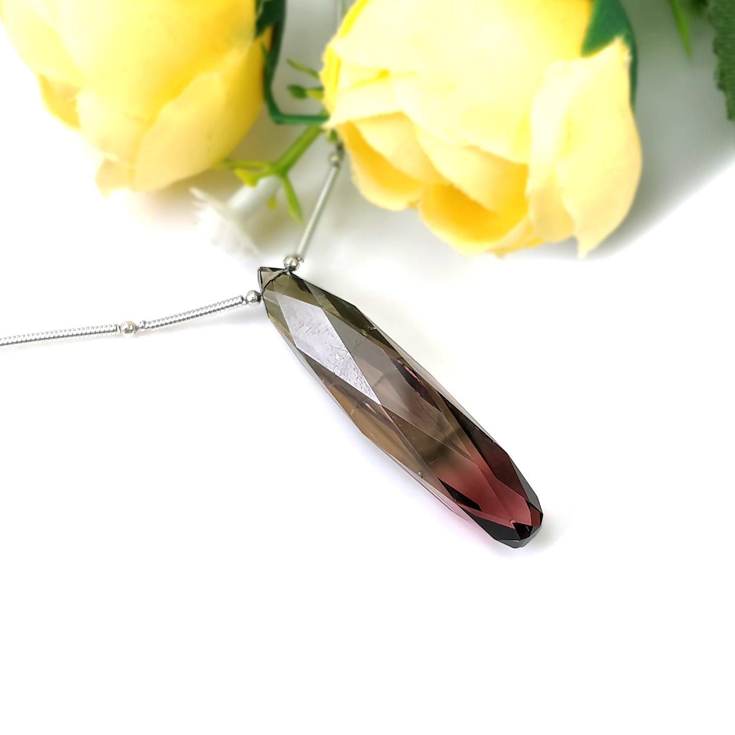 Watermelon TOURMALINE Gemstone Loose Beads : 26.70cts Natural Untreated Bi-Color Tourmaline Faceted Checker Cut Drop 40.5mm