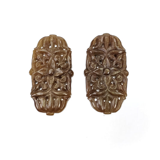 GOLDEN BROWN Chocolate Sheen SAPPHIRE Gemstone Carving : 41.50cts Natural Untreated Sapphire Hand Carved Oval 32*17.5mm Pair (With Video)
