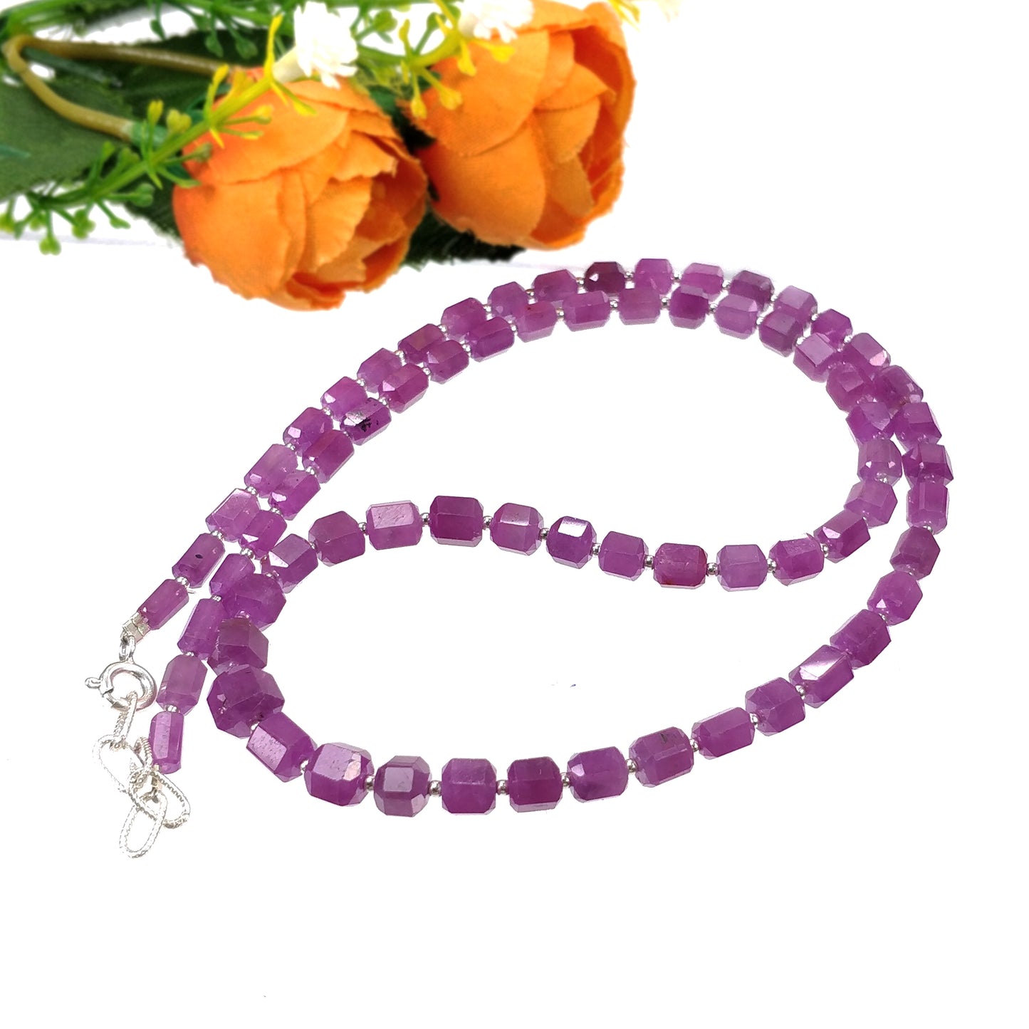 Raspberry Sheen Pink Sapphire Gemstone NECKLACE : 22.37gms Natural Sapphire Checker Cut Faceted Necklace 5mm - 6mm 18"