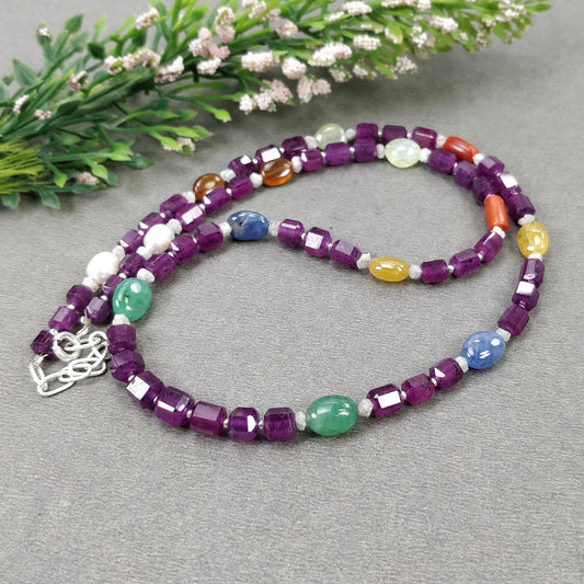 Multi Sapphire Hessonite Coral Diamond Emerald Cat's Eye Pearl Nav Ratan Necklace : 24.55gms Natural 4.5mm - 9*7mm 19"