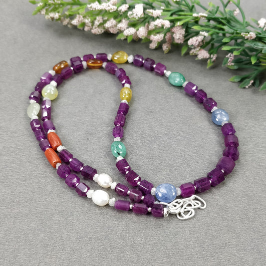 Multi Sapphire Hessonite Coral Diamond Emerald Cat's Eye Pearl Nav Ratan Necklace : 25.60gms Natural 4.5mm - 9*7mm 19.5"