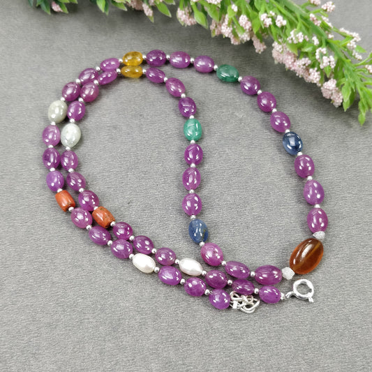 Multi Sapphire Hessonite Garnet Coral Diamond Emerald Cat's Eye Pearl Nav Ratan Necklace: 17.63gms Natural 6*5mm - 10*8.5mm 17"