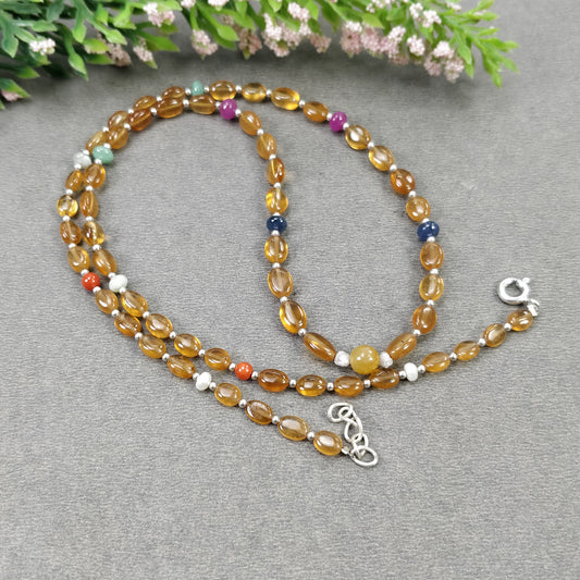 Hessonite Garnet Blue Sapphire Coral Diamond Emerald Cat's Eye Ruby Pearl Nav Ratan Necklace: 13.22gms Natural 5mm- 6.5*5mm 18"