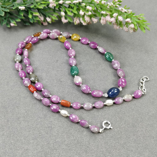 Multi Sapphire Hessonite Garnet Coral Diamond Emerald Cat's Eye Pearl Nav Ratan Necklace: 19.09gms Natural 9*7mm 18"