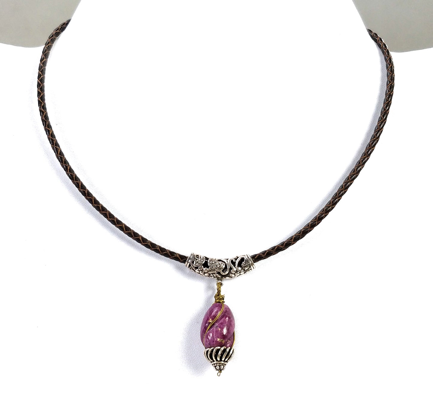 Natural UNTREATED RUBY Hand Carved Gemstone Pendant Snake Braided Leather Cord Necklace 16" Fine Jewelry With Filigree Setting Gift For Her (With Video)