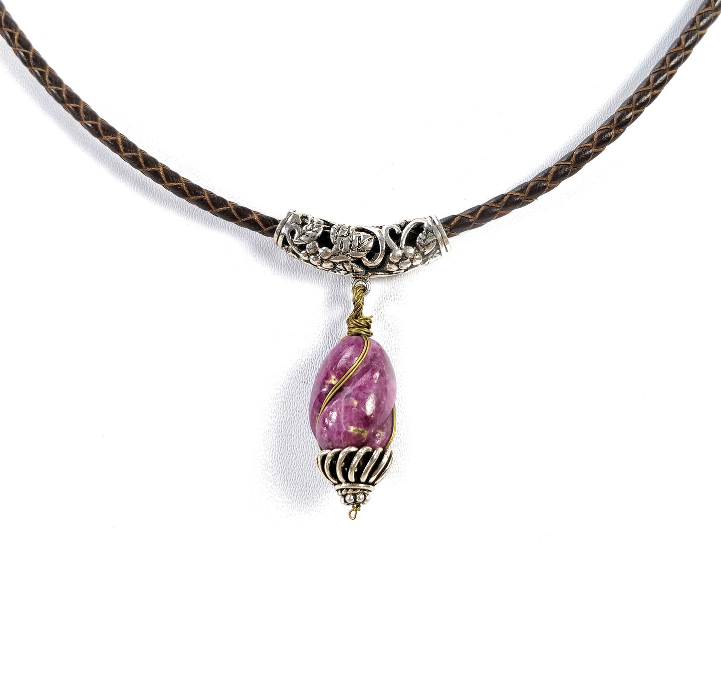 Natural UNTREATED RUBY Hand Carved Gemstone Pendant Snake Braided Leather Cord Necklace 16" Fine Jewelry With Filigree Setting Gift For Her (With Video)