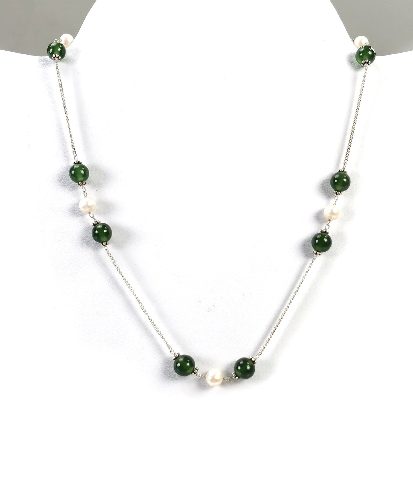 Green SERPENTINE & White PEARL Gemstones Beads Chain NECKLACE : 925 Sterling Silver Natural Round Cabochon 18" Statement Necklace