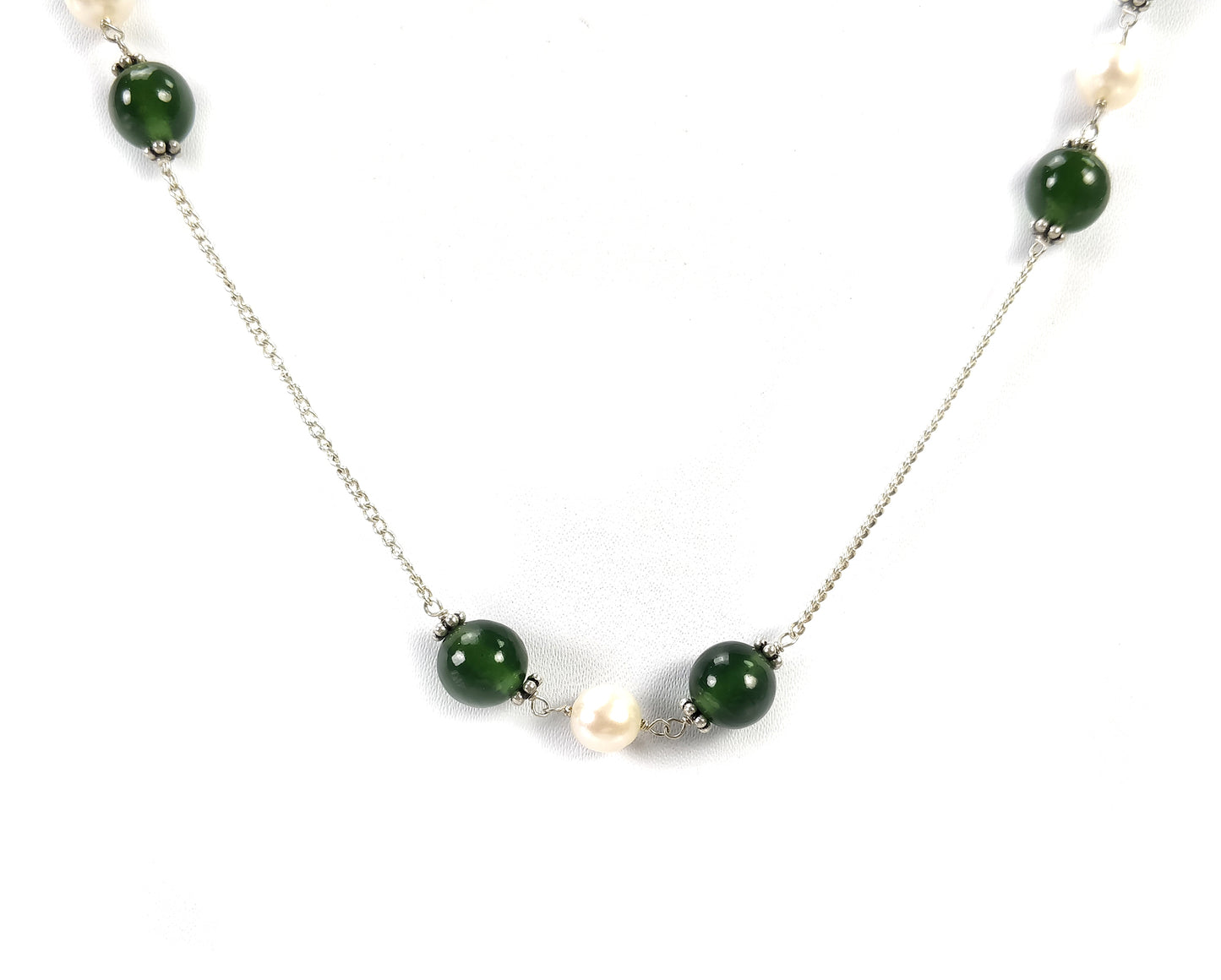 Green SERPENTINE & White PEARL Gemstones Beads Chain NECKLACE : 925 Sterling Silver Natural Round Cabochon 18" Statement Necklace
