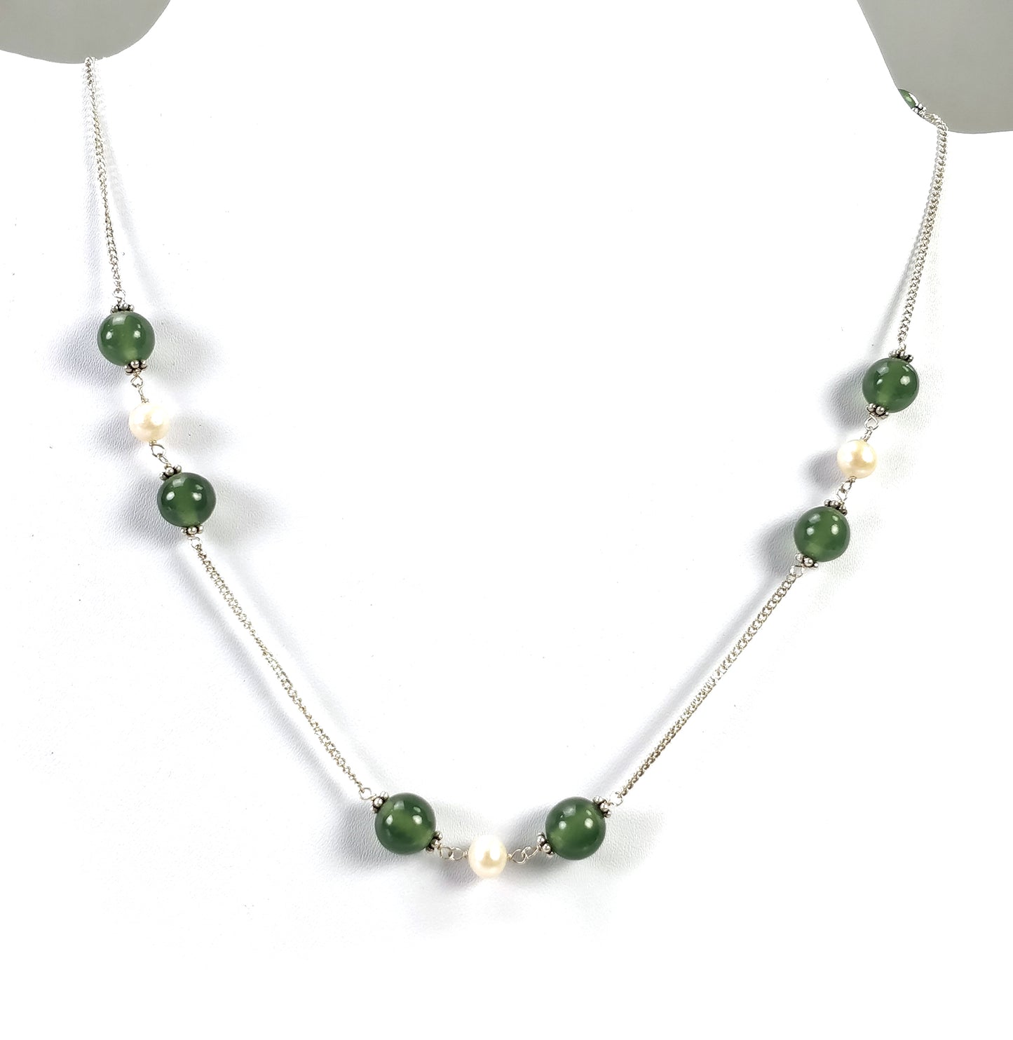 Green SERPENTINE & White PEARL Gemstones Beads Chain NECKLACE : 925 Sterling Silver Natural Round Cabochon 17" Statement Necklace