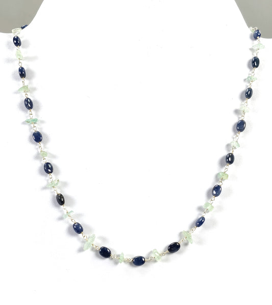 Blue SAPPHIRE & Green Emerald Gemstones Raw Uncut Beads : 925 Sterling Silver Natural Sapphire Oval Cabochon 16" Necklace