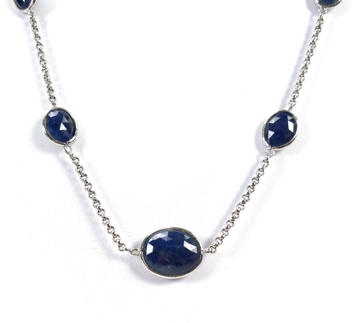 BLUE Sapphire Gemstone CHAIN NECKLACE : 925 Sterling Silver Natural Untreated Sapphire Oval Briolette Rose Cut 18" Necklace