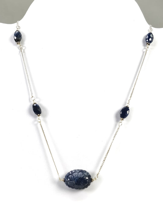 BLUE SAPPHIRE Gemstone Beads Chain Necklace : 925 Sterling Silver Natural Blue Sapphire Hand Carved Pendant 18" Necklace