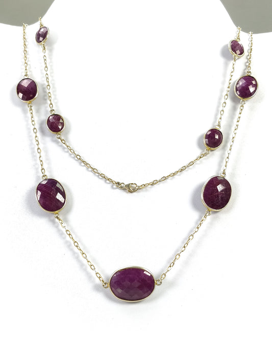 39.20gms Natural Ruby Gemstone Bezel Set 925 Sterling Silver Gold Plated Necklace 37''