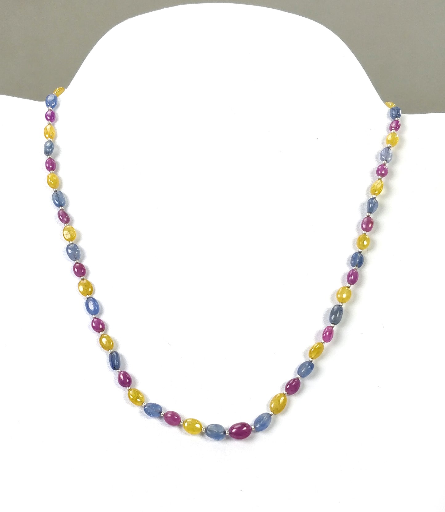 Yellow Blue SAPPHIRE & RUBY Gemstone NECKLACE : 15.83gms Natural Oval Plain Beads Sapphire With 925 Sterling Silver 5.5*4mm - 8.5*6mm 18"