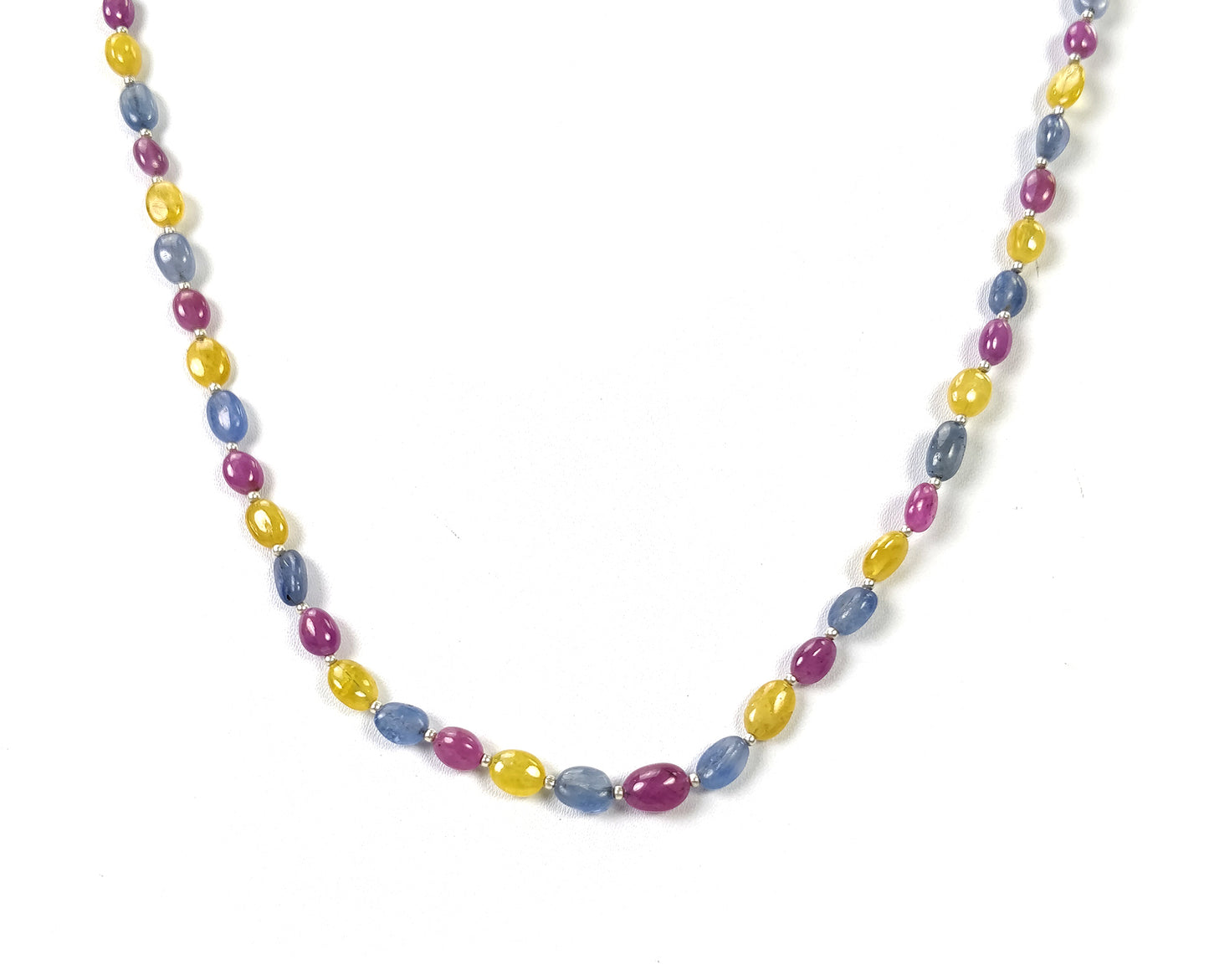 Yellow Blue SAPPHIRE & RUBY Gemstone NECKLACE : 15.83gms Natural Oval Plain Beads Sapphire With 925 Sterling Silver 5.5*4mm - 8.5*6mm 18"