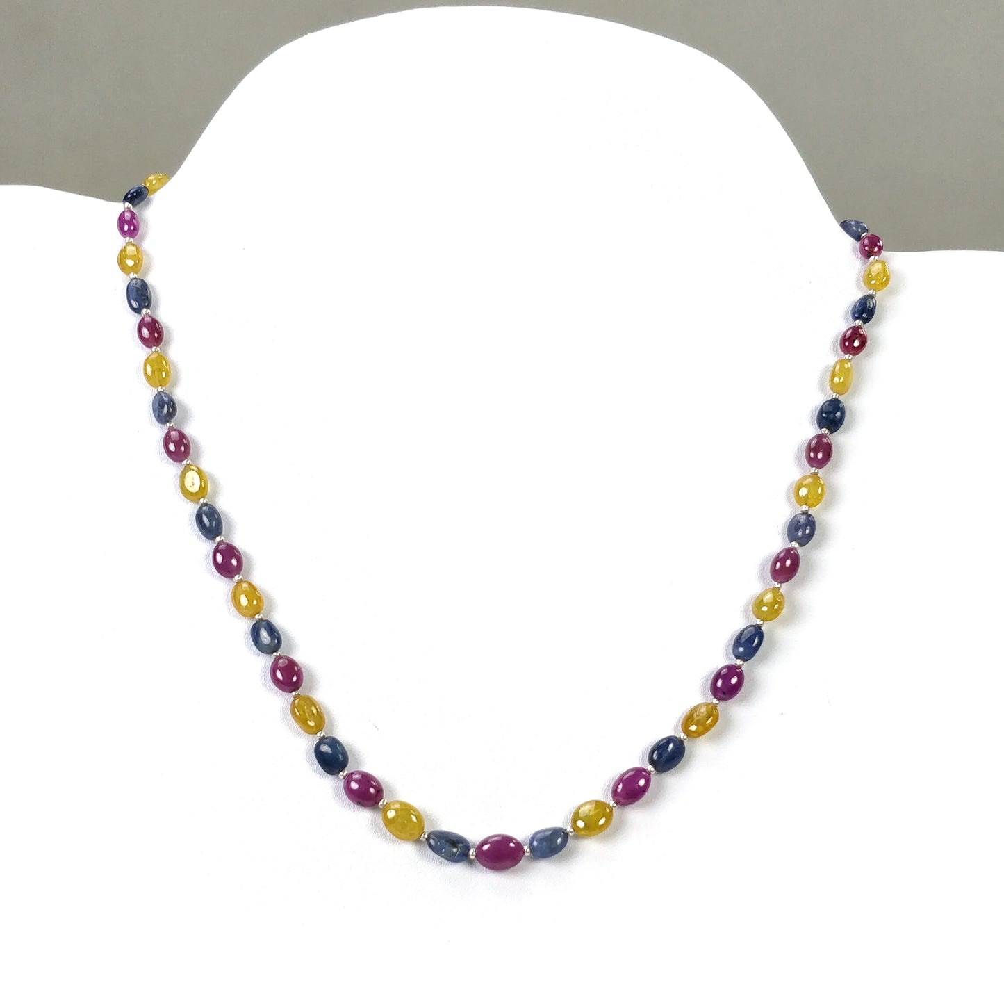 Yellow Blue SAPPHIRE & RUBY Gemstone NECKLACE : 16.15gms Natural Oval Plain Beads Sapphire With 925 Sterling Silver 5.5*4.5mm - 8*6.5mm 17"