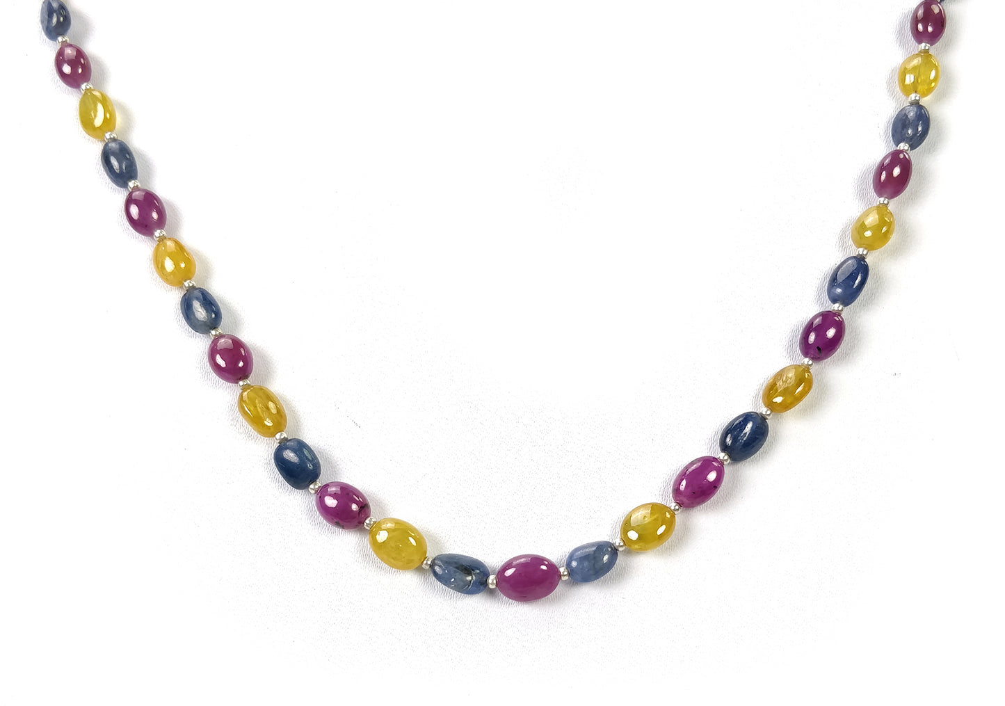 Yellow Blue SAPPHIRE & RUBY Gemstone NECKLACE : 16.15gms Natural Oval Plain Beads Sapphire With 925 Sterling Silver 5.5*4.5mm - 8*6.5mm 17"