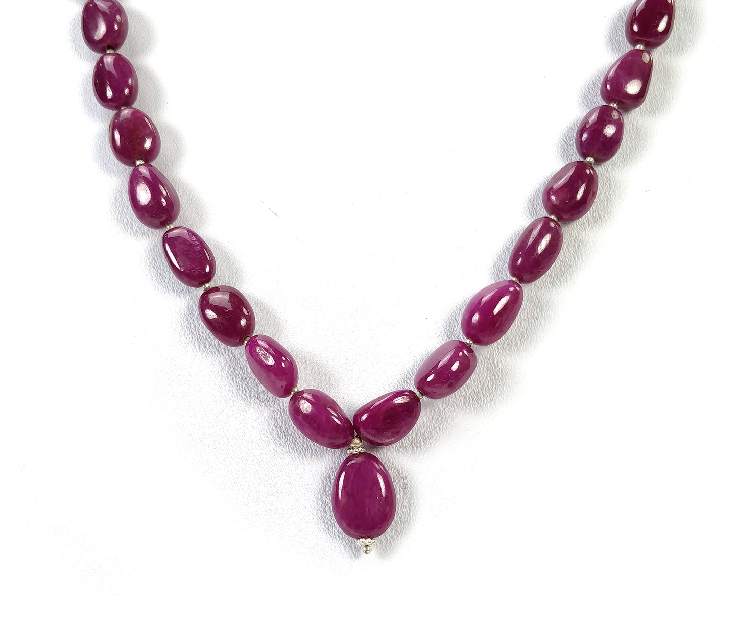 RUBY Gemstone NECKLACE : 53.46gms Natural Untreated Plain Ruby With 925 Sterling Silver 7.5*6mm - 16.5*12.5mm 18"