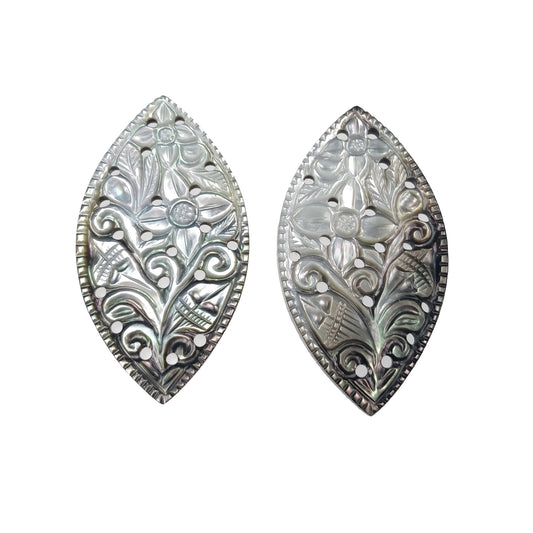 MOTHER OF PEARL Gemstone Carving : 50.20cts Natural Untreated Black Mop Hand Carved Marquise Shape 39*24mm Pairs