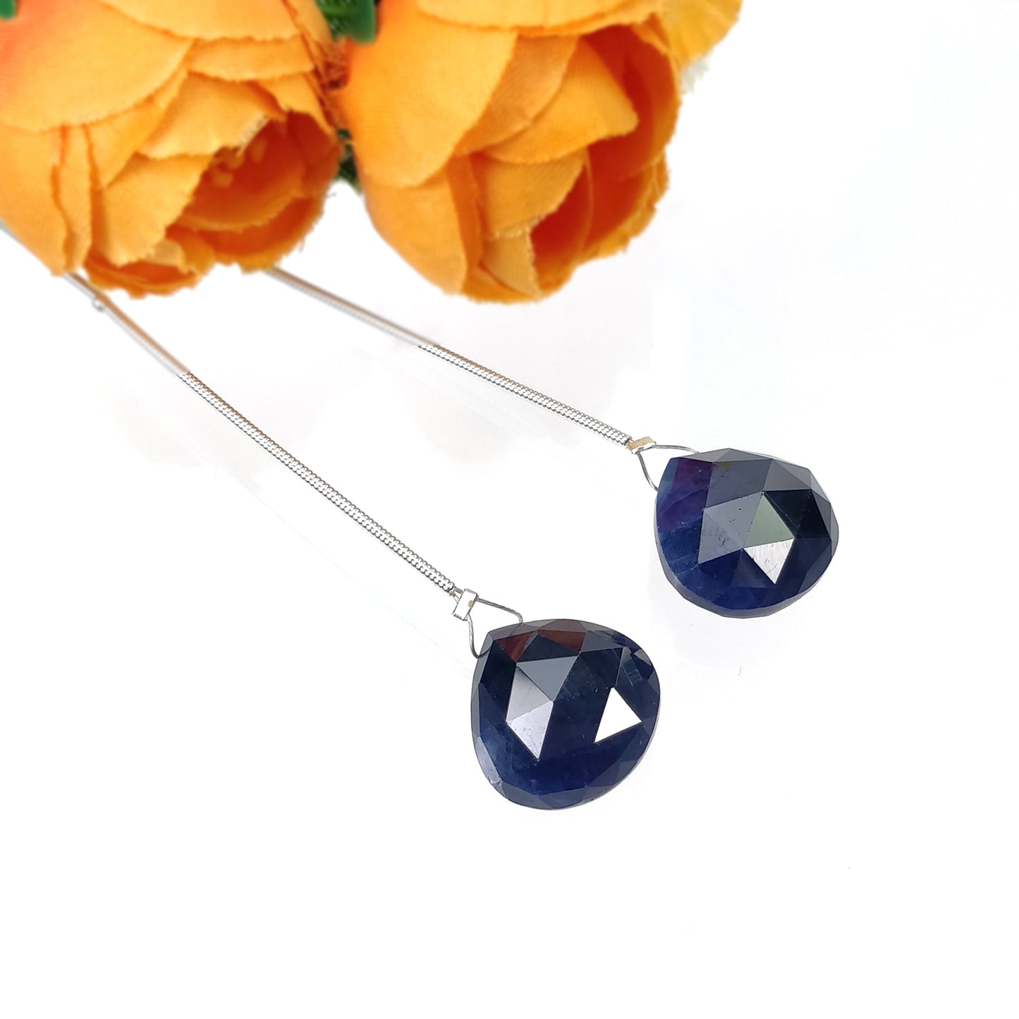 Sapphire Gemstone Rose Cut Loose Beads : 49.15cts Natural Untreated Blue Sapphire Faceted Heart Shape Beads 16mm 2pcs