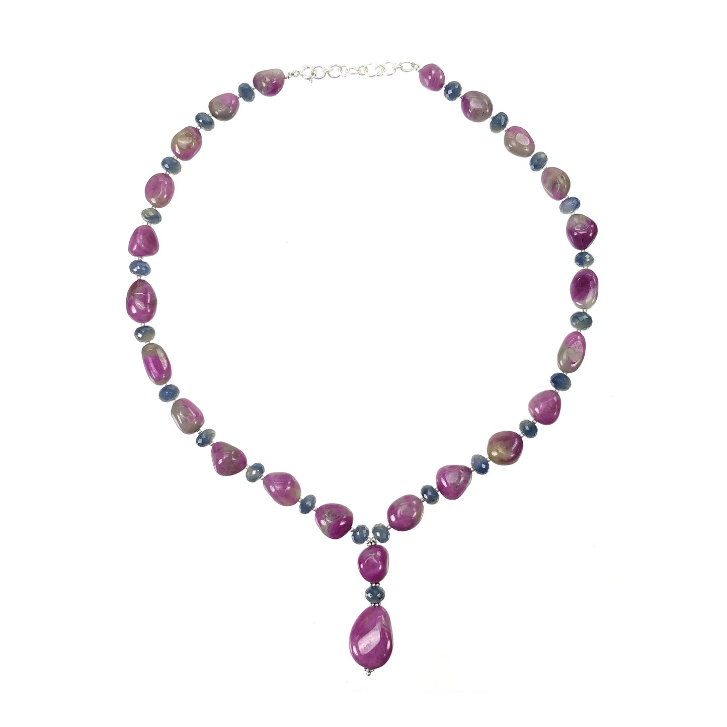 Ruby & Blue Sapphire Gemstone NECKLACE: 74.38gms Natural Untreated Bi-Color Zoisite Ruby 925 Sterling Silver 7mm - 21*16mm 19.5"