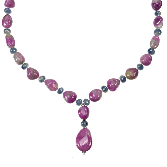 Ruby & Blue Sapphire Gemstone NECKLACE: 74.38gms Natural Untreated Bi-Color Zoisite Ruby 925 Sterling Silver 7mm - 21*16mm 19.5"