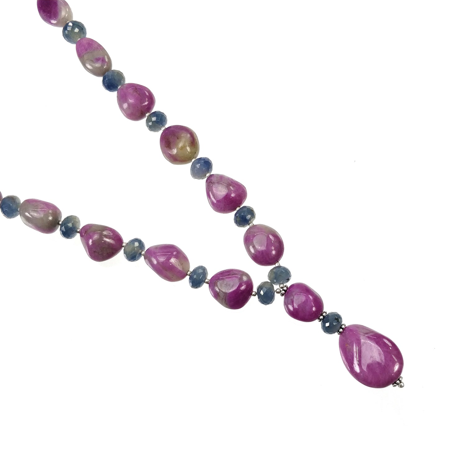 Ruby & Blue Sapphire Gemstone NECKLACE: 74.38gms Natural Untreated Bi-Color Zoisite Ruby 925 Sterling Silver 7mm - 21*16mm 19.5"