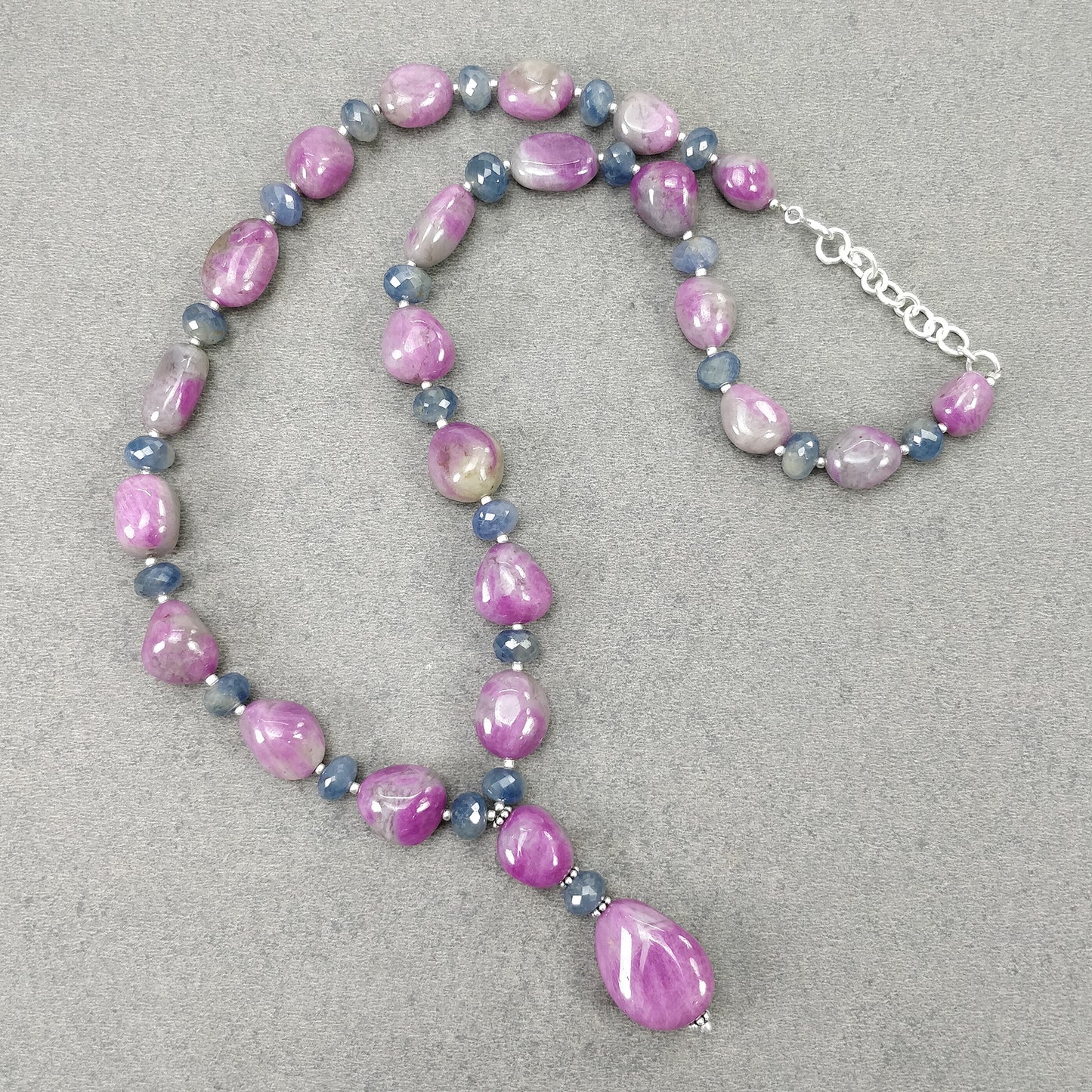 Ruby & Blue Sapphire Gemstone NECKLACE: 74.38gms Natural Untreated Bi-Color Zoisite Ruby 925 Sterling Silver 7mm - 21*16mm 19.5"