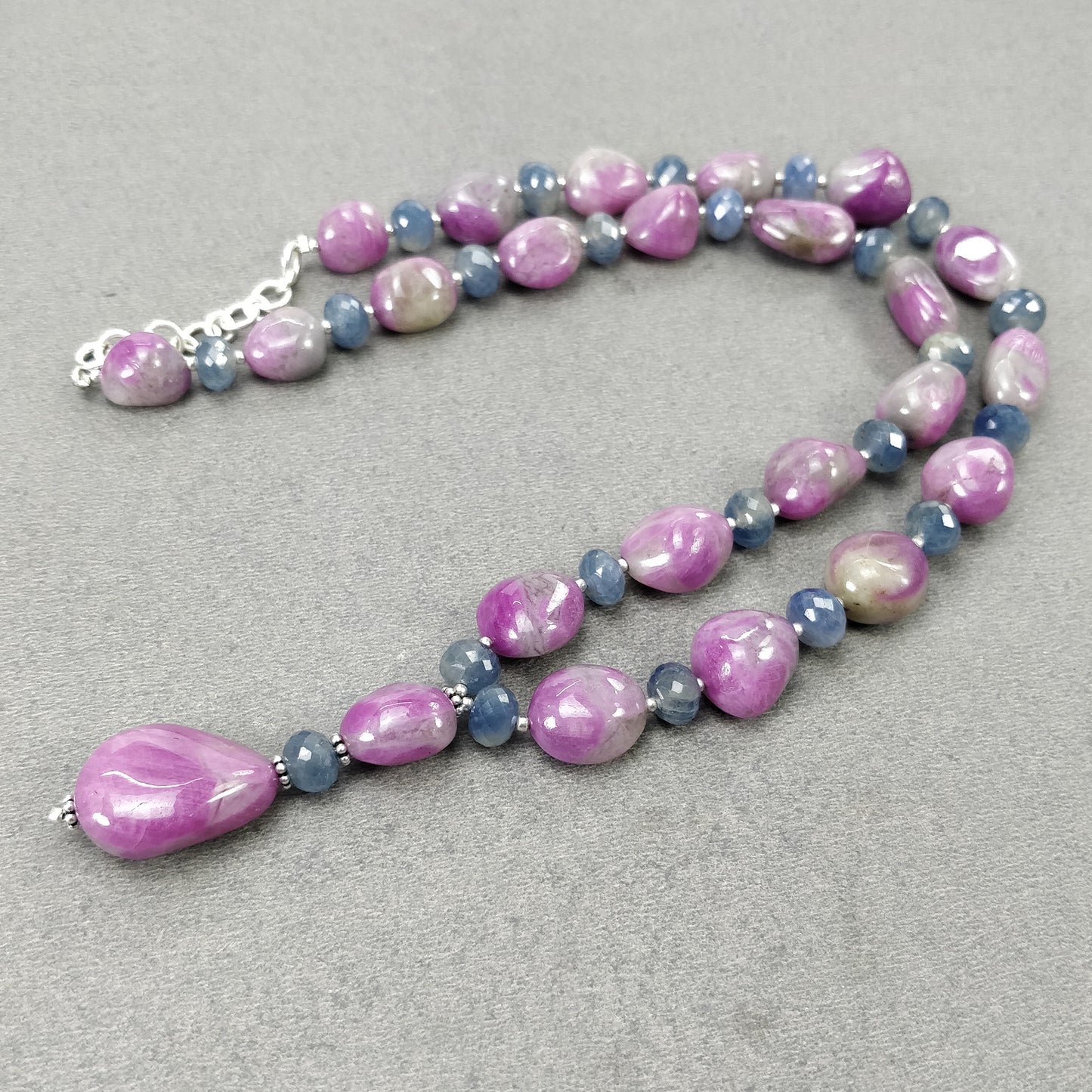 Ruby & Blue Sapphire Gemstone NECKLACE: 74.38gms Natural Untreated Bi-Color Zoisite Ruby 925 Sterling Silver 7mm - 21*16mm 19.5"