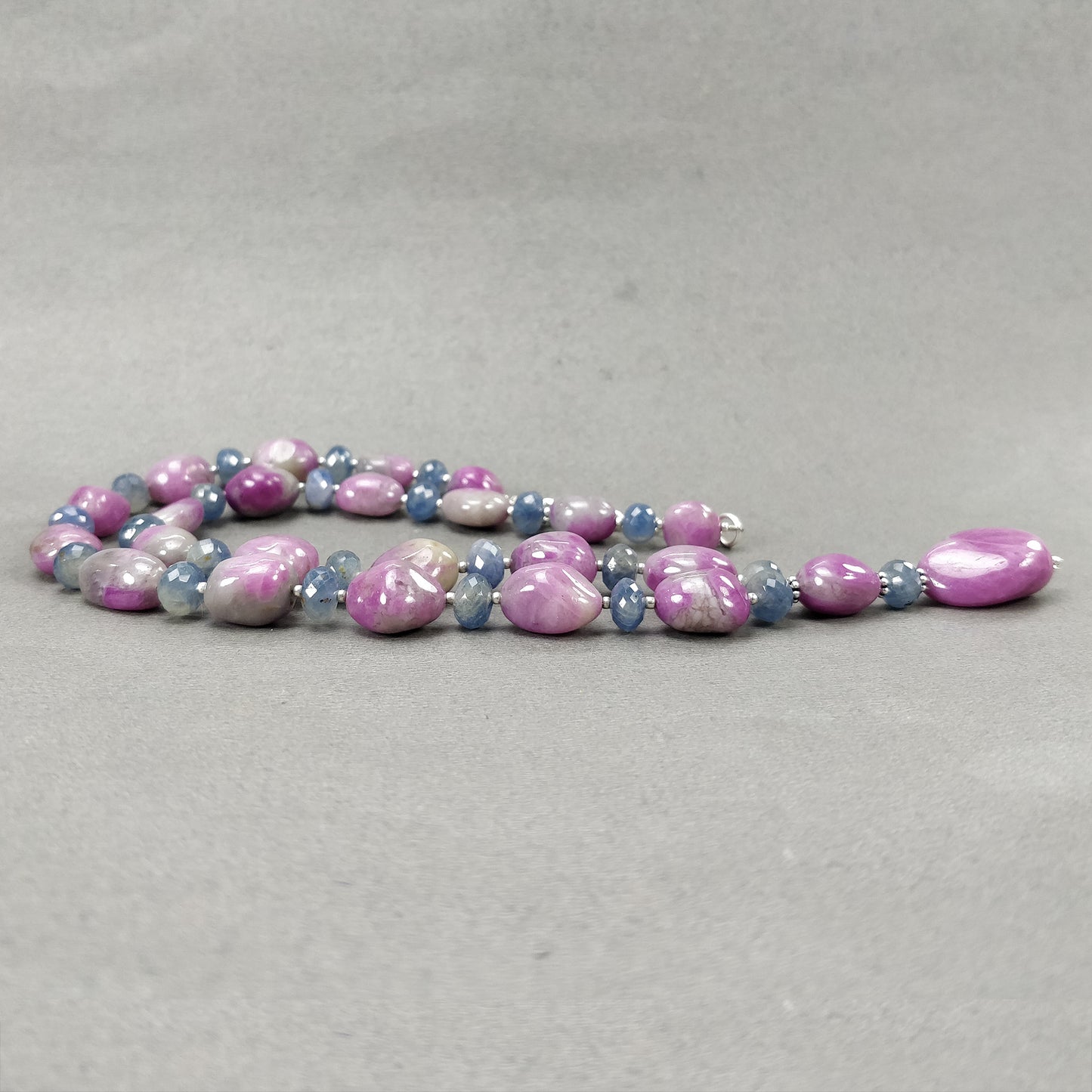 Ruby & Blue Sapphire Gemstone NECKLACE: 74.38gms Natural Untreated Bi-Color Zoisite Ruby 925 Sterling Silver 7mm - 21*16mm 19.5"