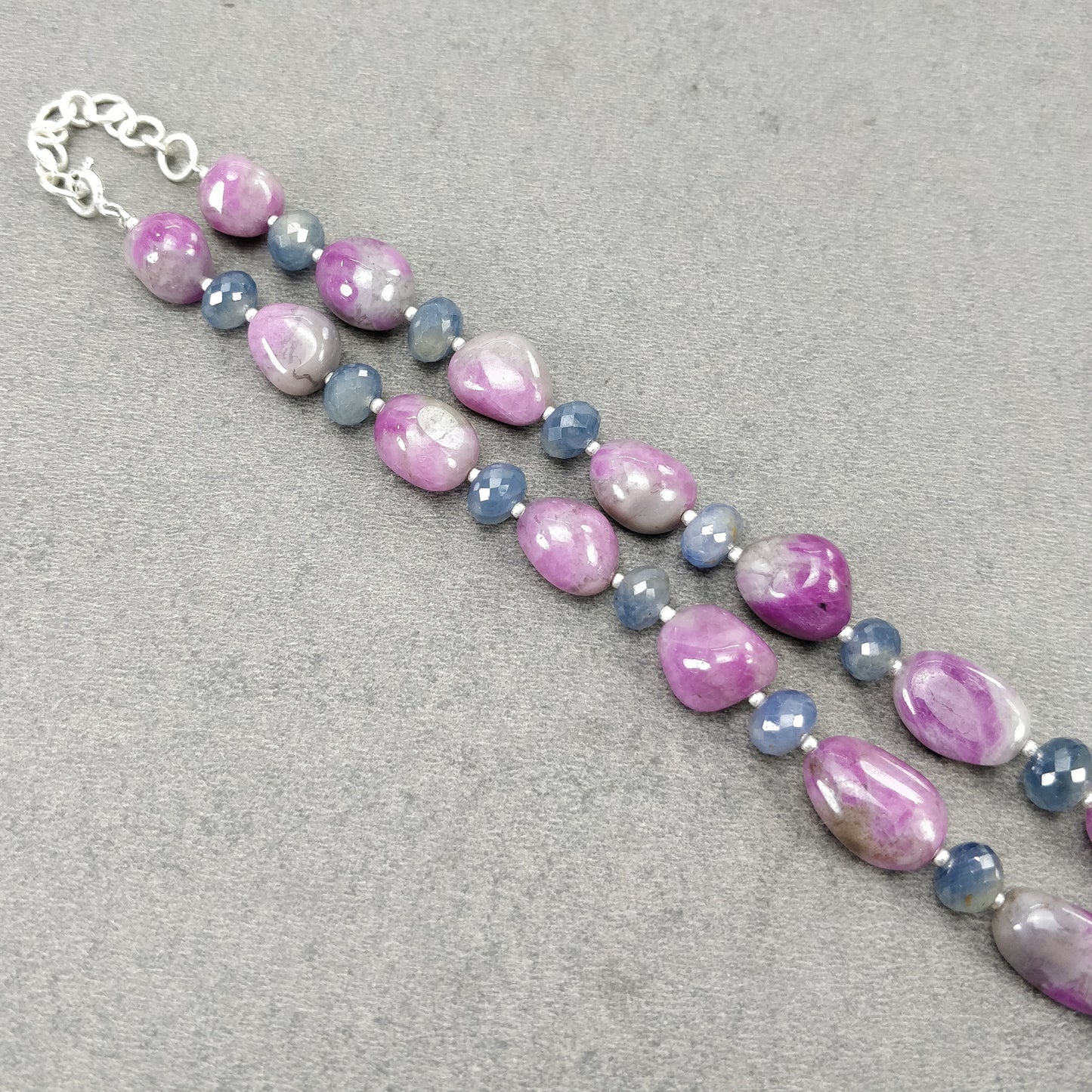 Ruby & Blue Sapphire Gemstone NECKLACE: 74.38gms Natural Untreated Bi-Color Zoisite Ruby 925 Sterling Silver 7mm - 21*16mm 19.5"