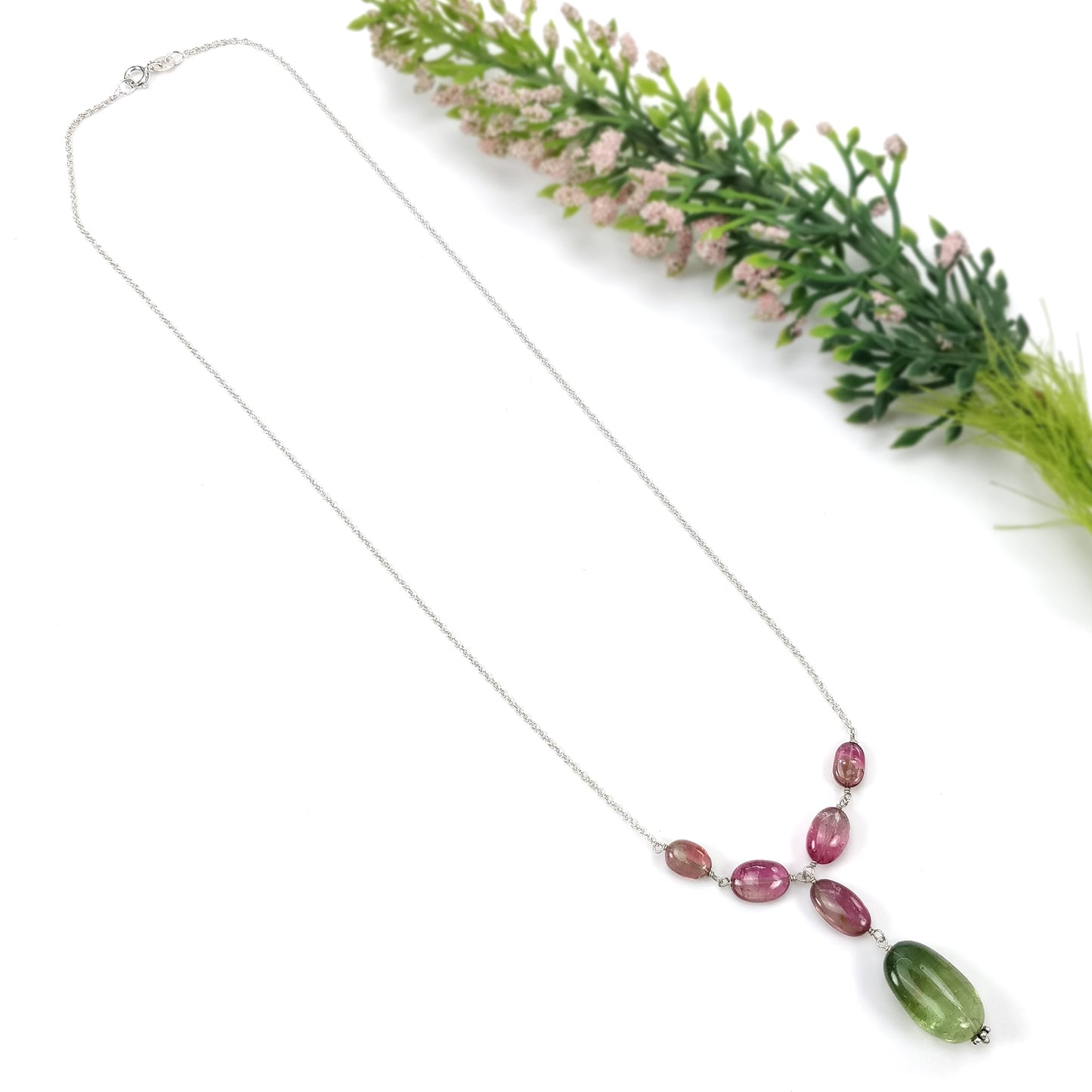 Watermelon Tourmaline Gemstone NECKLACE : 34.30cts Natural Untreated Oval Plain Tourmaline With 925 Sterling Silver 7*5.5mm - 18*12mm 19.5"