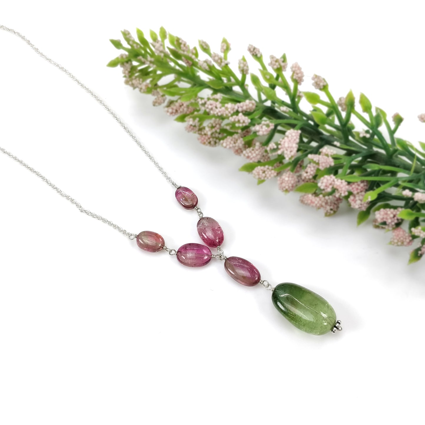Watermelon Tourmaline Gemstone NECKLACE : 34.30cts Natural Untreated Oval Plain Tourmaline With 925 Sterling Silver 7*5.5mm - 18*12mm 19.5"