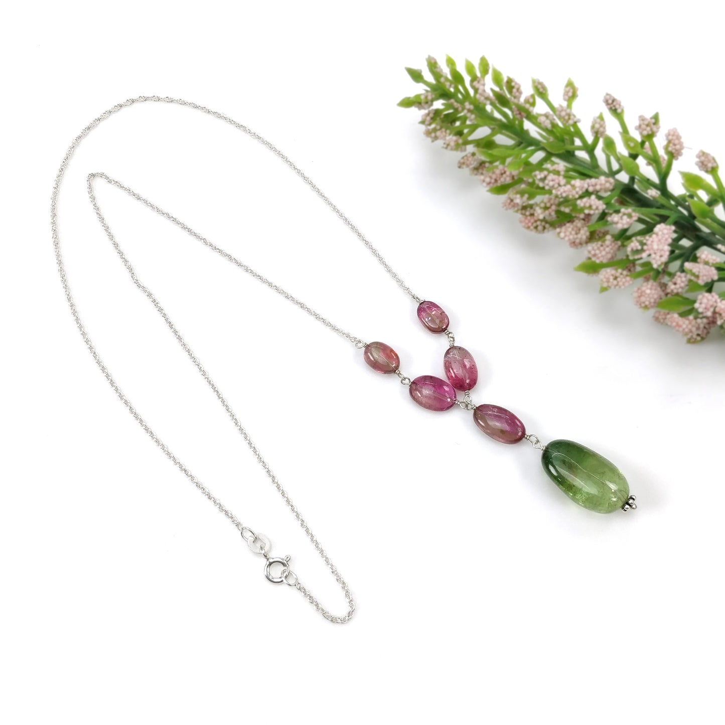 Watermelon Tourmaline Gemstone NECKLACE : 34.30cts Natural Untreated Oval Plain Tourmaline With 925 Sterling Silver 7*5.5mm - 18*12mm 19.5"