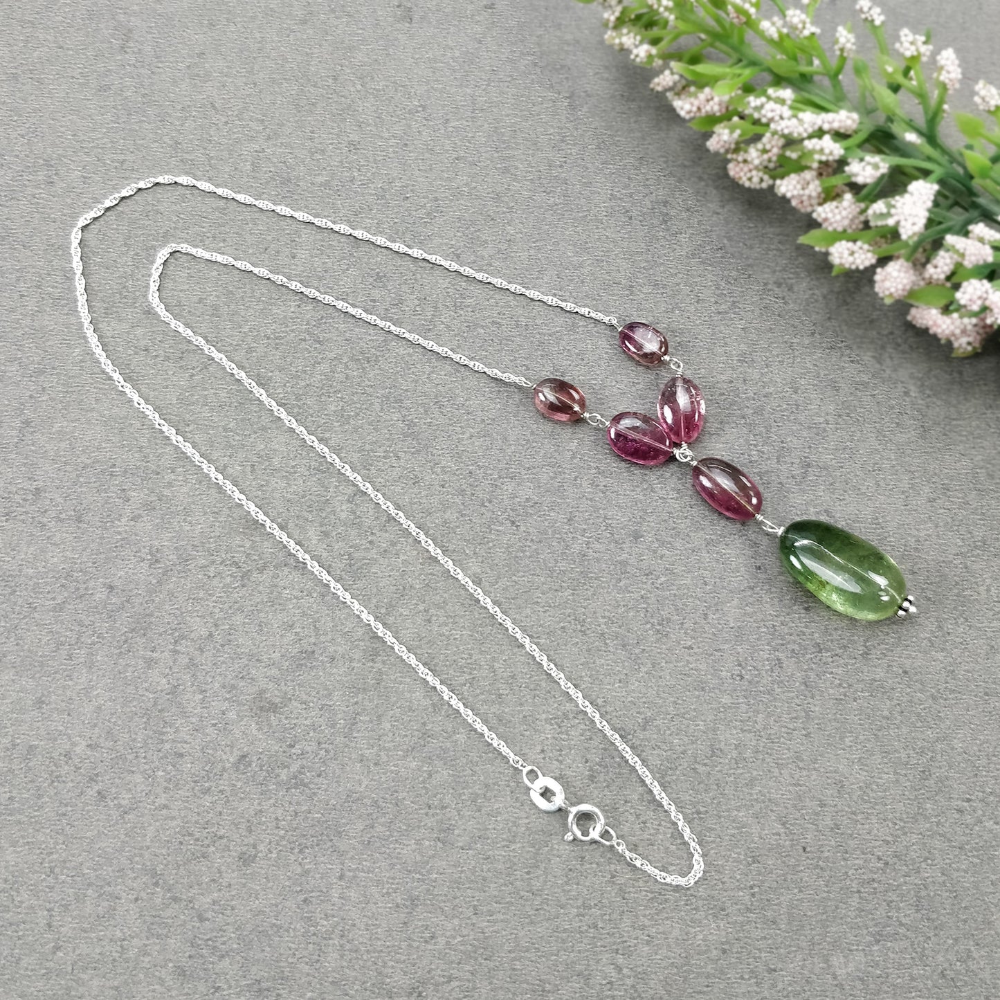 Watermelon Tourmaline Gemstone NECKLACE : 34.30cts Natural Untreated Oval Plain Tourmaline With 925 Sterling Silver 7*5.5mm - 18*12mm 19.5"