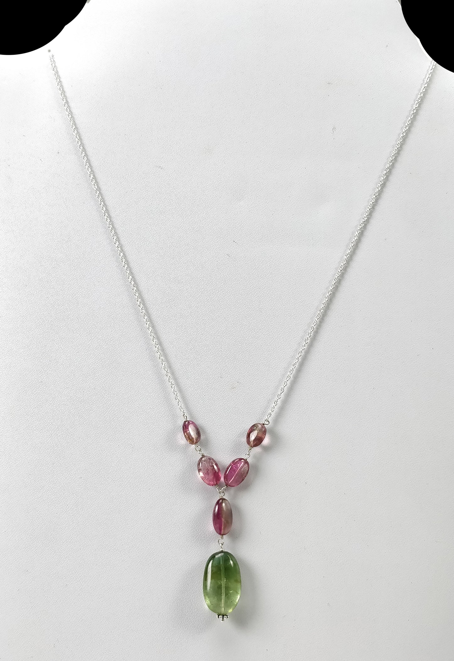 Watermelon Tourmaline Gemstone NECKLACE : 34.30cts Natural Untreated Oval Plain Tourmaline With 925 Sterling Silver 7*5.5mm - 18*12mm 19.5"