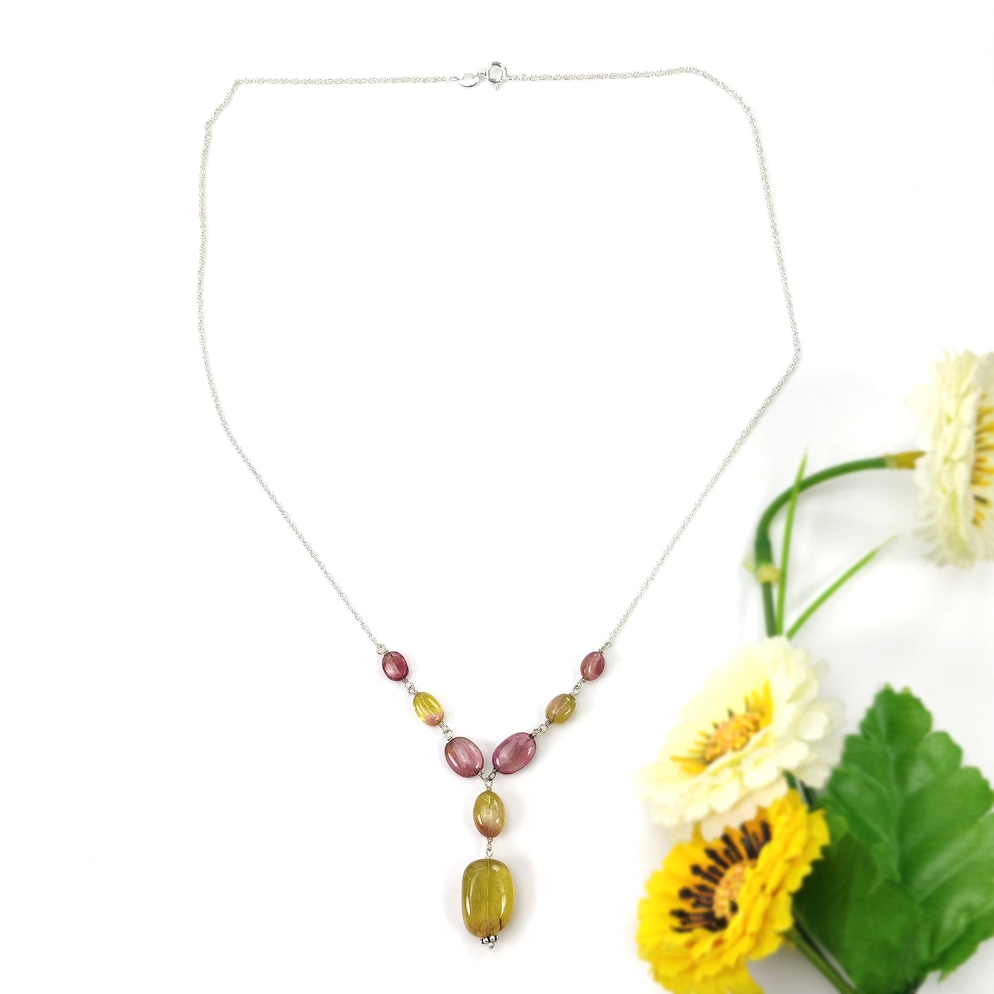 Watermelon Tourmaline Gemstone NECKLACE : 29.25cts Natural Untreated Oval Plain Tourmaline With 925 Sterling Silver 6*5mm - 13*10mm 21"