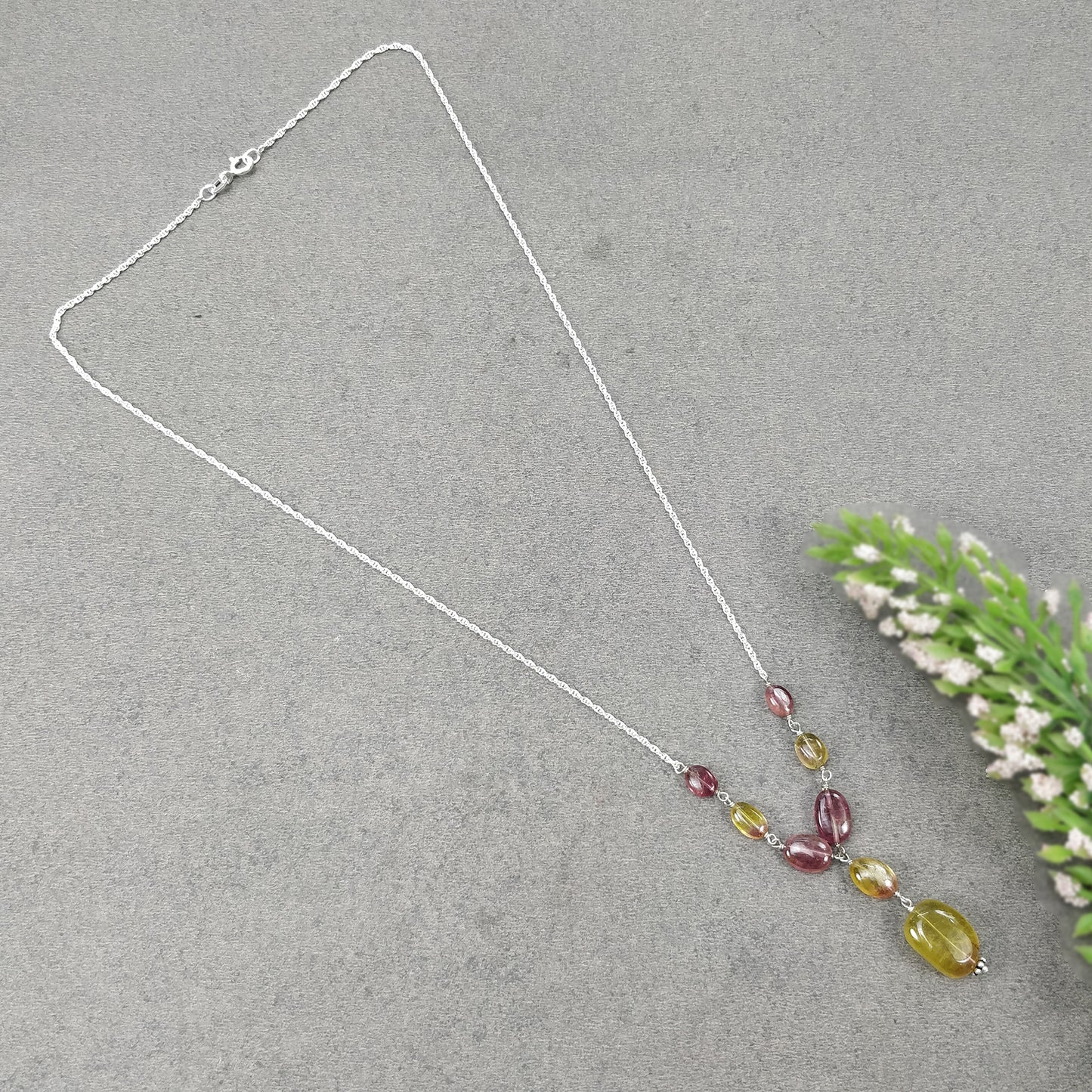 Watermelon Tourmaline Gemstone NECKLACE : 29.25cts Natural Untreated Oval Plain Tourmaline With 925 Sterling Silver 6*5mm - 13*10mm 21"