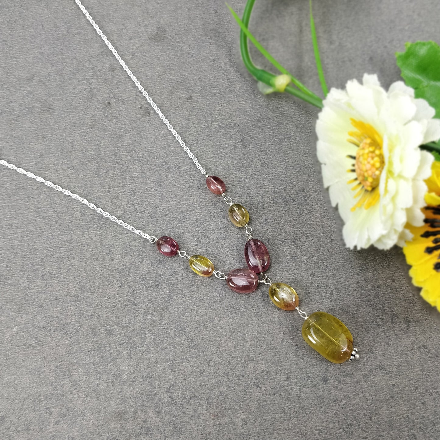 Watermelon Tourmaline Gemstone NECKLACE : 29.25cts Natural Untreated Oval Plain Tourmaline With 925 Sterling Silver 6*5mm - 13*10mm 21"