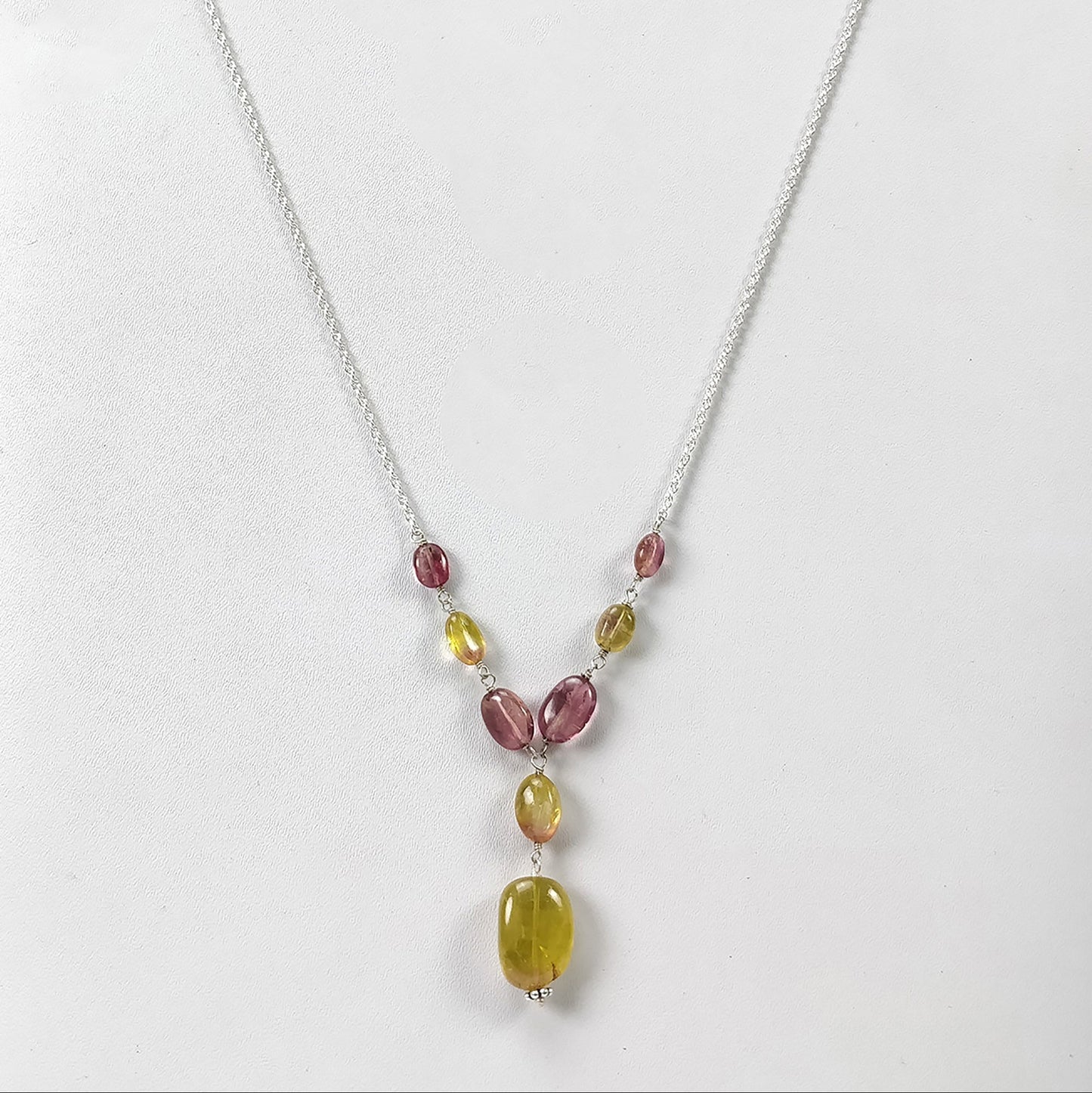 Watermelon Tourmaline Gemstone NECKLACE : 29.25cts Natural Untreated Oval Plain Tourmaline With 925 Sterling Silver 6*5mm - 13*10mm 21"