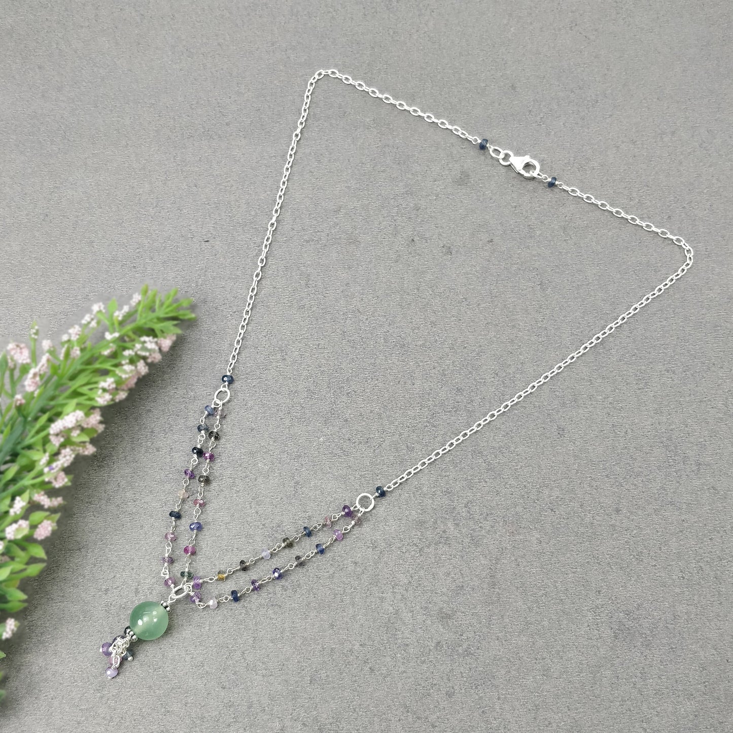 Multi Sapphire & Serpentine Gemstone Beads Chain NECKLACE : 36.80cts Natural Untreated With 925 Sterling Silver Necklace 3mm - 10mm 21"