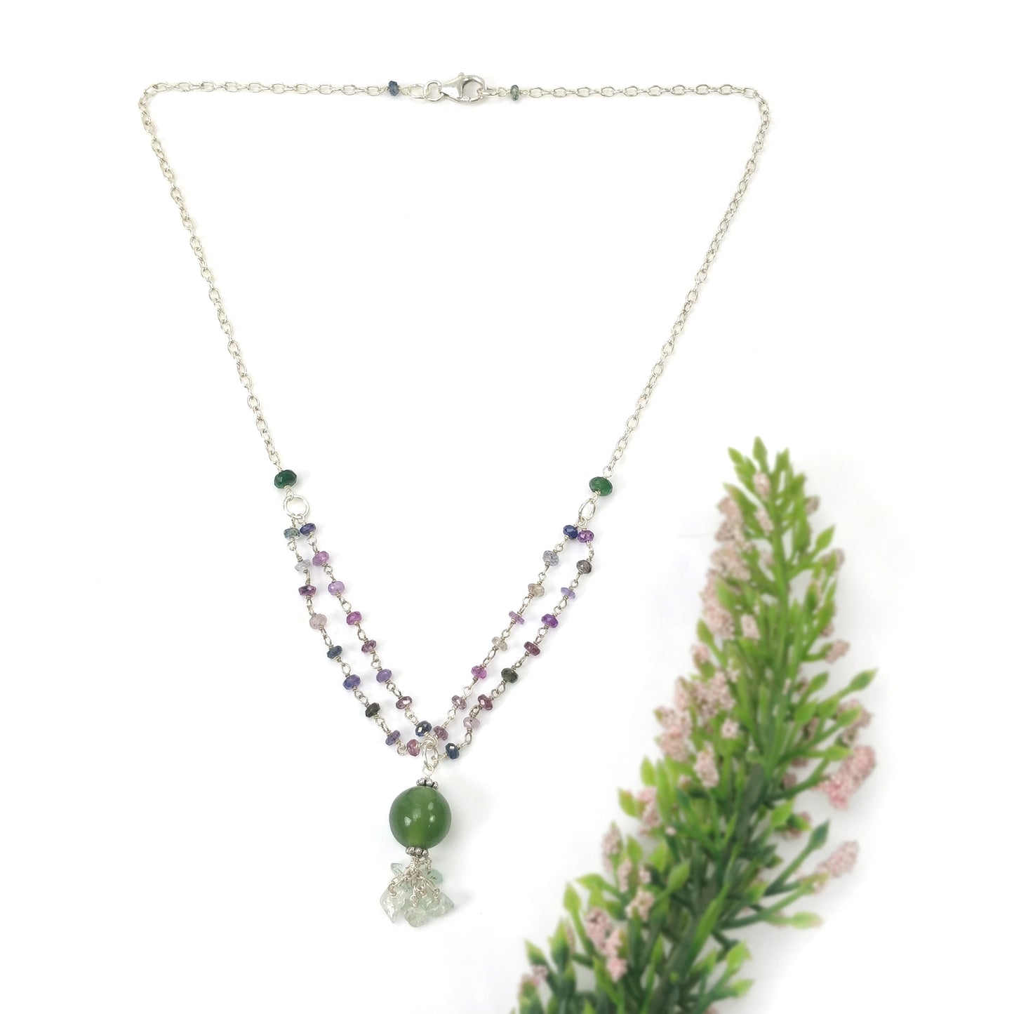 Multi Sapphire & Serpentine Gemstone Beads Chain NECKLACE : 37.30cts Natural Untreated With 925 Sterling Silver Necklace 3mm - 11mm 19.25"