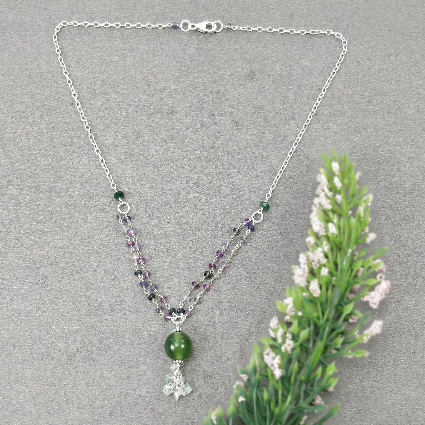 Multi Sapphire & Serpentine Gemstone Beads Chain NECKLACE : 37.30cts Natural Untreated With 925 Sterling Silver Necklace 3mm - 11mm 19.25"