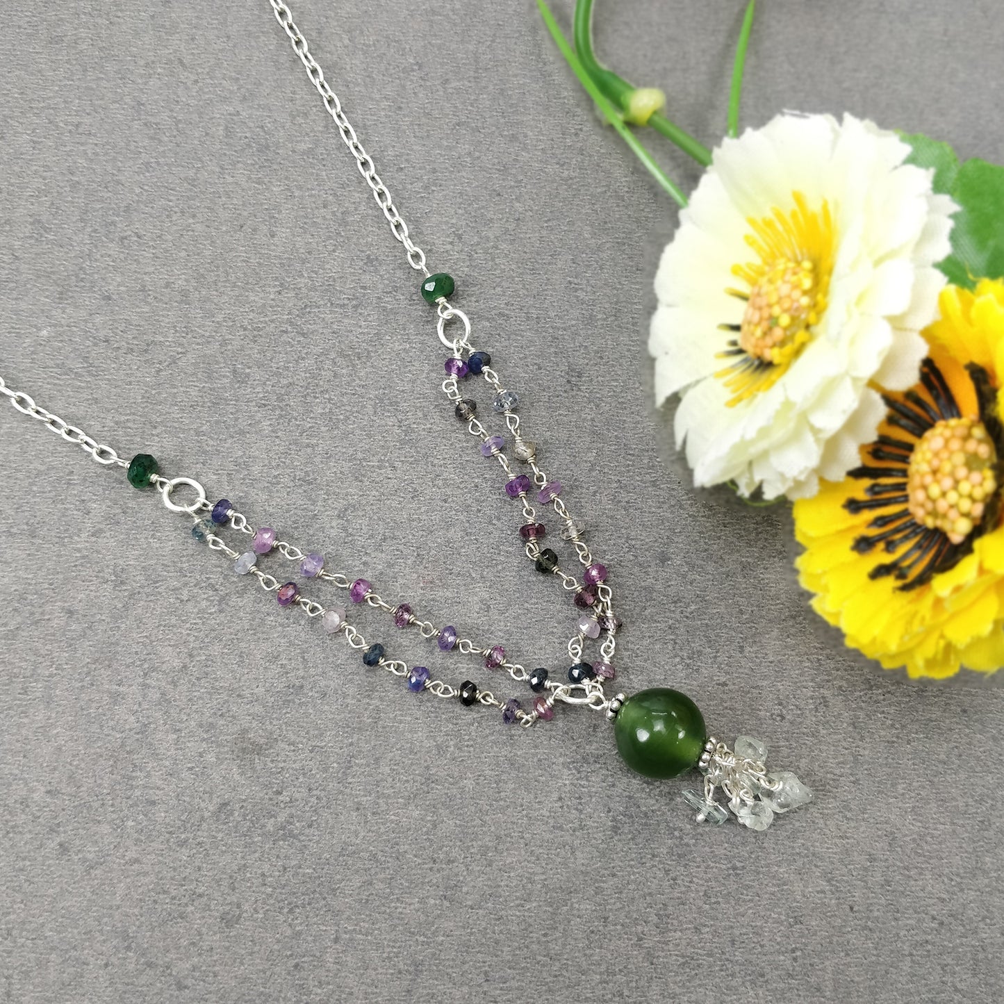 Multi Sapphire & Serpentine Gemstone Beads Chain NECKLACE : 37.30cts Natural Untreated With 925 Sterling Silver Necklace 3mm - 11mm 19.25"