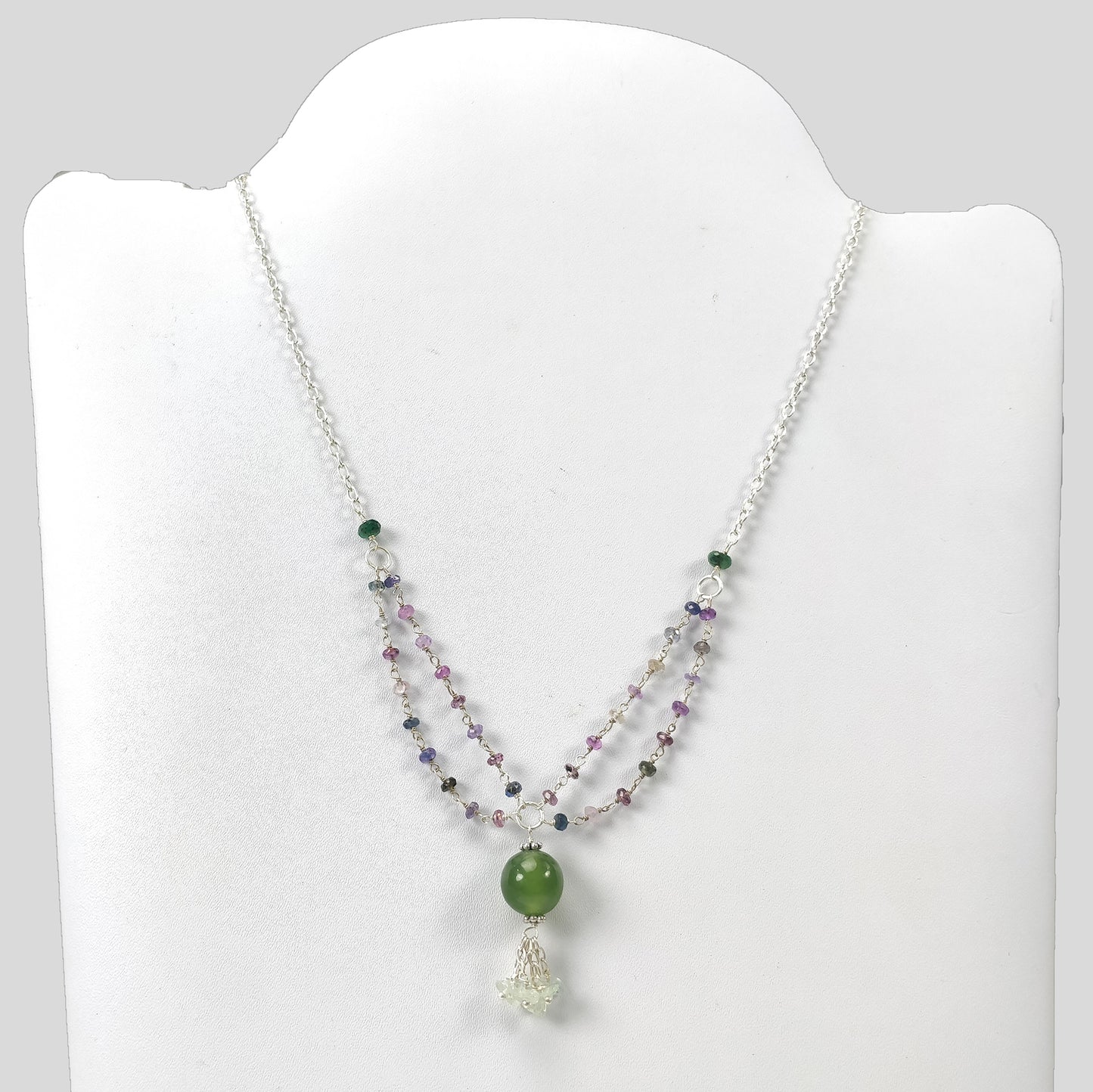 Multi Sapphire & Serpentine Gemstone Beads Chain NECKLACE : 37.30cts Natural Untreated With 925 Sterling Silver Necklace 3mm - 11mm 19.25"