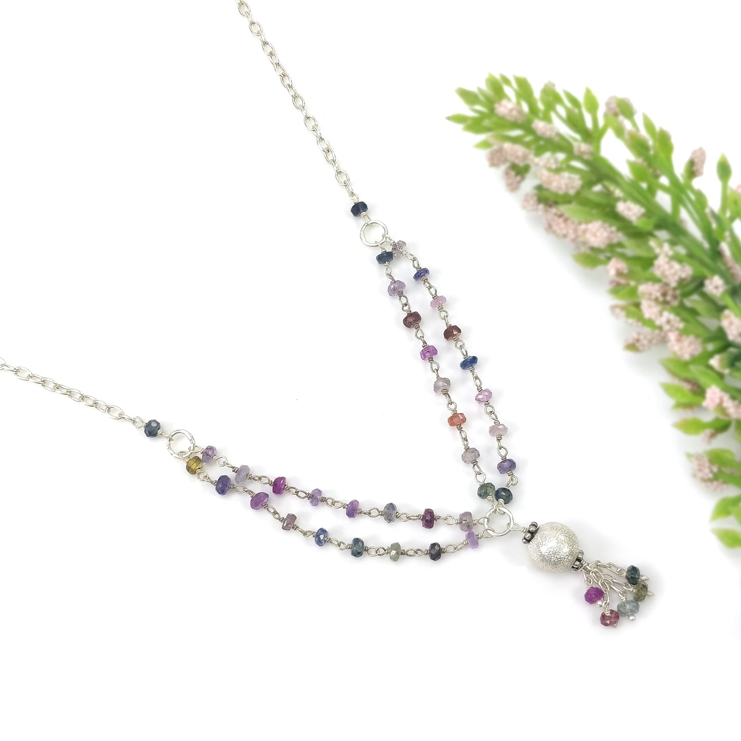 Multi Sapphire Gemstone Beads Chain NECKLACE : 37.75cts Natural Untreated With 925 Sterling Silver Necklace 3mm - 8mm 21"